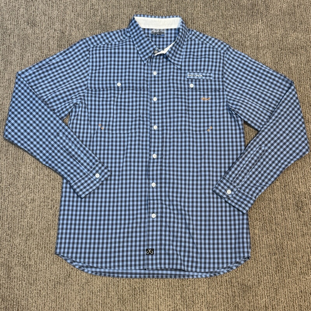 Salt Life Gingham Check Vented Fishing Shirt Mens M Long Sleeve Button Up Blue